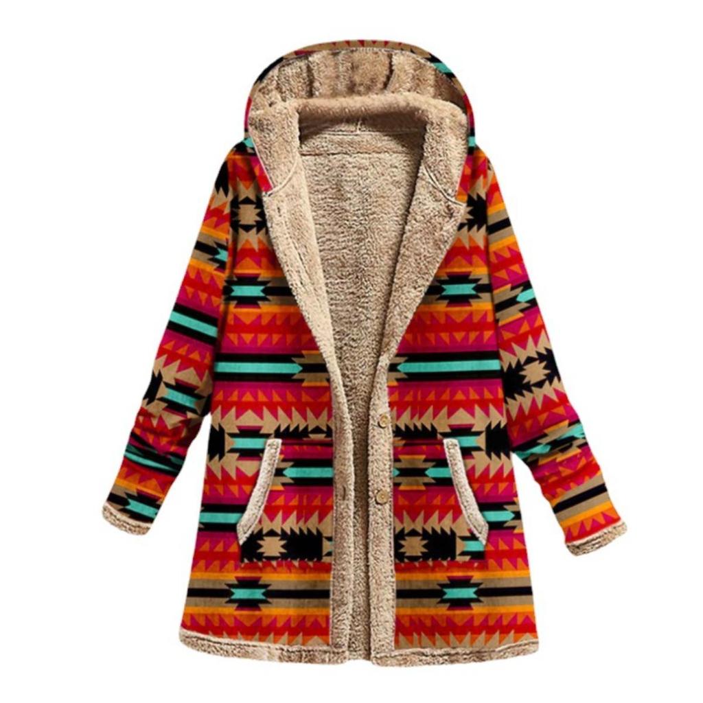 Winter New Women's Cotton Linen Printed Hoodie Warm Fleece Coat Fashion Outerwear