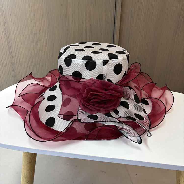 European, American and British temperament big edge top hat women's polka dot flower sun hat summer light and breathable organza sun hat