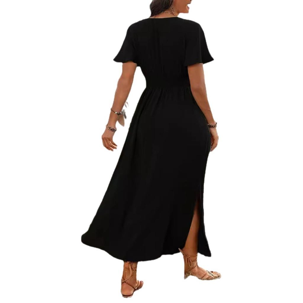 Europe and the United States summer new solid color V-neck horn sleeve elastic waist thin split skirt
