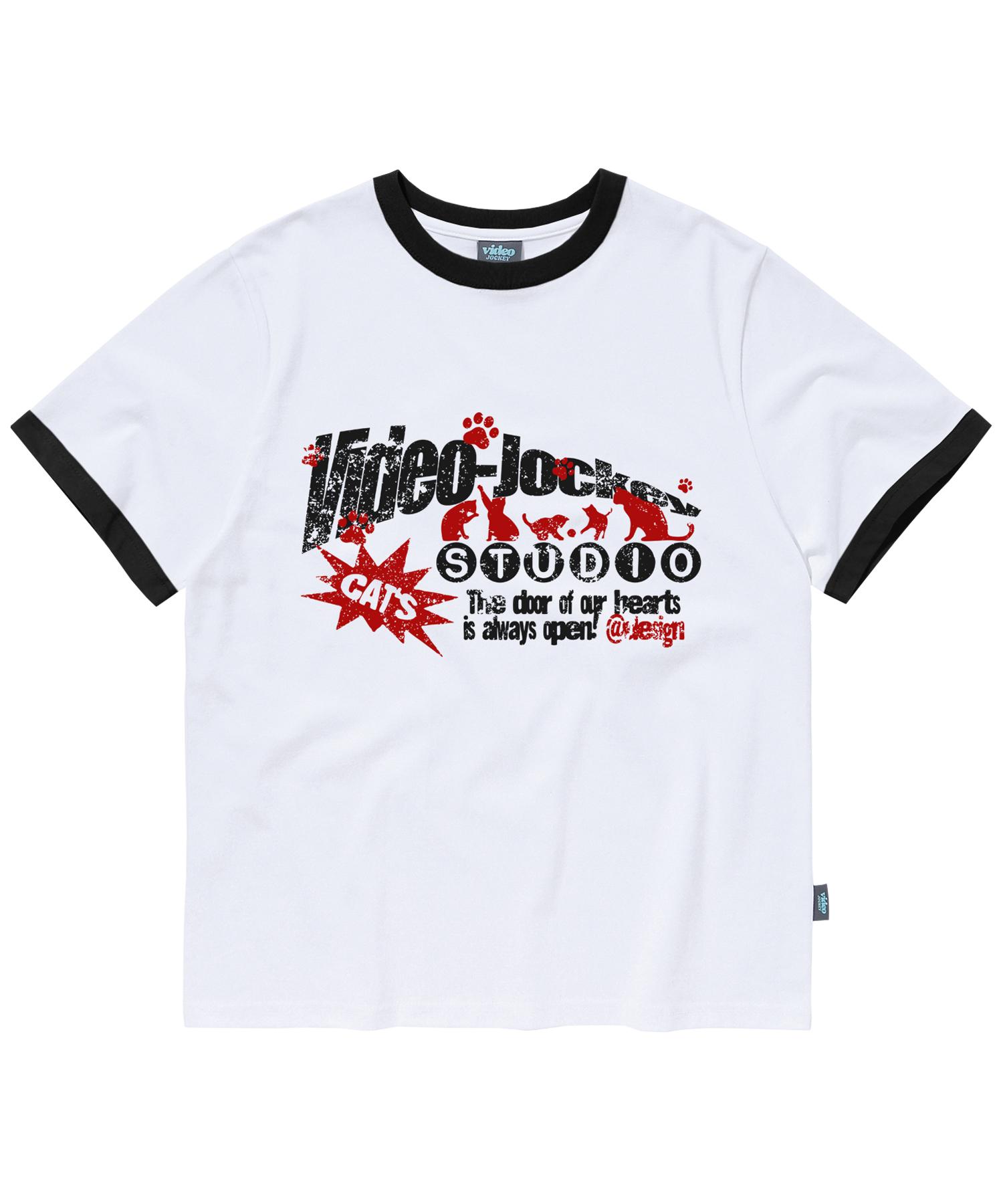 Video Jaki Cat Gathering Ringer T-Shirt [White] White/Xs