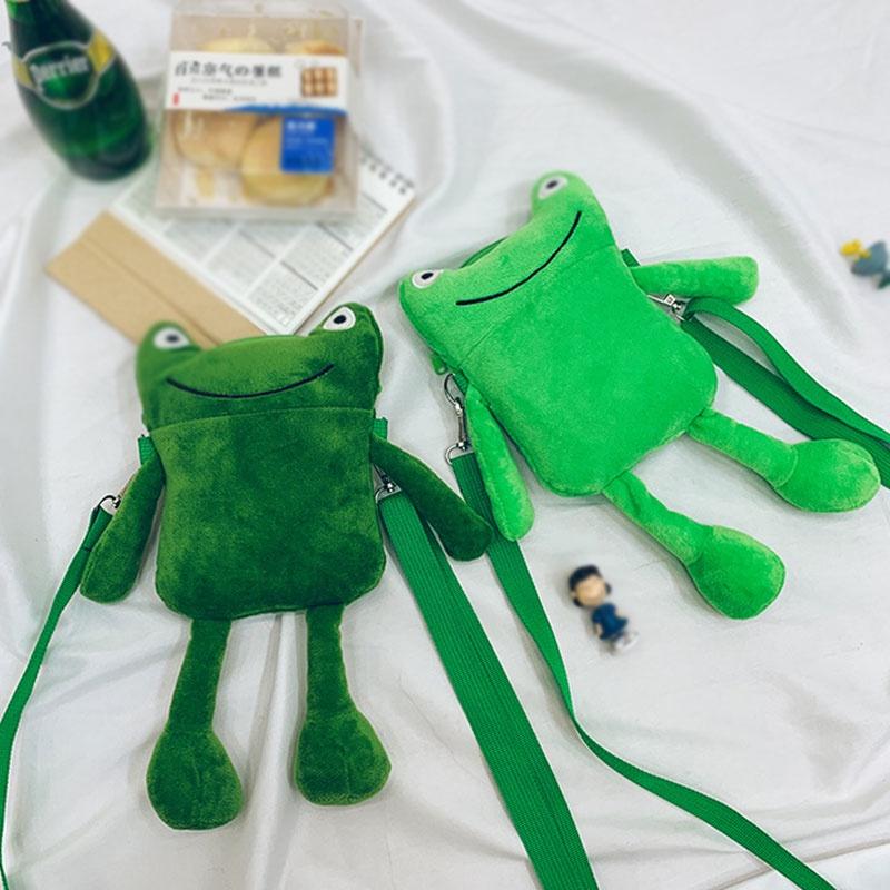 Cute Green Frog Plush Shoulder Bag For Women Cartoon Character Crossbody Purse With Zipper Closure