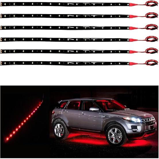 6 PCS 15 LED Strip Underbody Light, 1Ft 12V Waterproof Car Led Interior Exterior Strip Light with 6 Inch Wire, Flexible Auto Light Strip Decoration