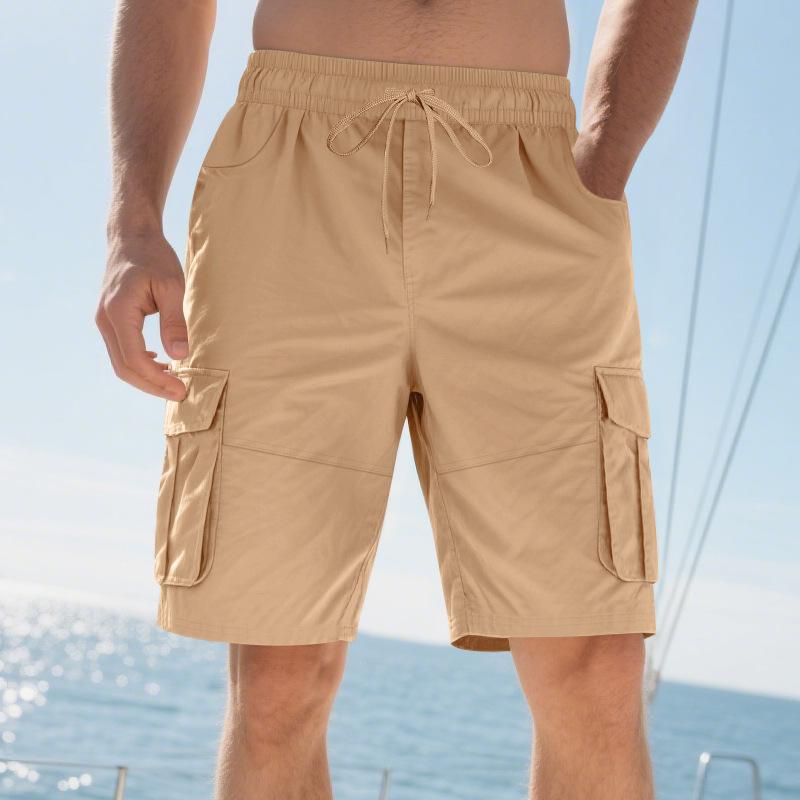 Summer Loose Men's Safari Style Shorts Multi Pockets Casual Loose Fit Straight Elastic Waist Beach Shorts
