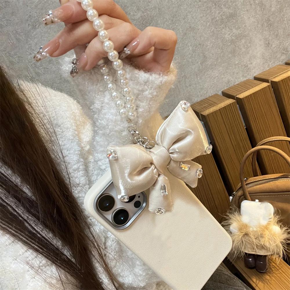 Korea Cute 3D Ribbon Bow Pearl TPU Phone Case For iPhone 16 15 14 13 12 11 Pro Max Lovely Matte Shockproof Soft Cover Coque