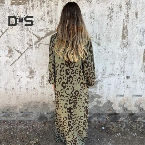 Women's Leopard Print Dress V-Neck Long Sleeve Maxi Dress Casual Loose Fit Spring Summer Dress for Office Daily Wear Vacation Party