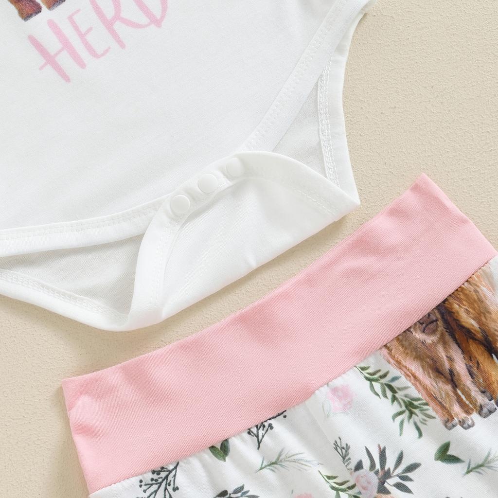 Baby Girl 3 Piece Summer Set, Cattle Print Short Sleeve Romper Elastic Waist Pants Bow Headband Toddler Outfits