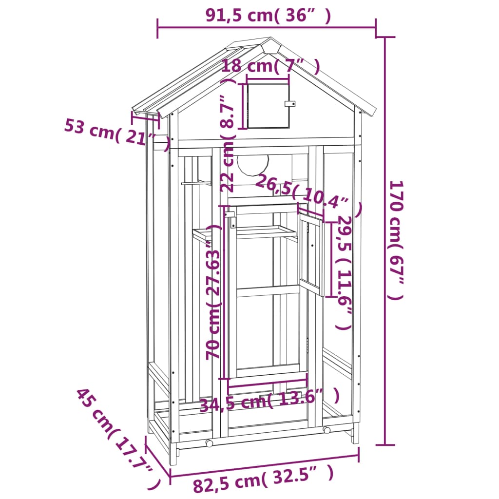Vidaxl Bird Cage, Grey, 91.5X53X170 Cm, Solid Pine Wood