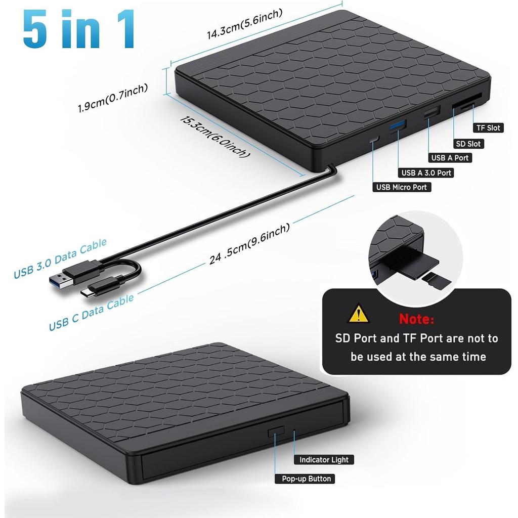 LJIAL External CD/DVD Drive for Laptop, USB 3.0 CD Burner with 2 USB Ports and 2 TF/SD Card Slots DVD Player for Laptop Mac PC