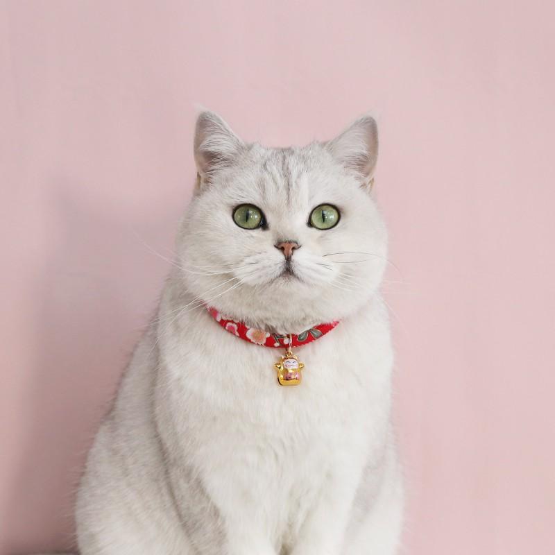 Adjustable Pet Collar With Japanese Floral Shiba Inu Maneki-neko Charm Copper Bell Cats Dogs