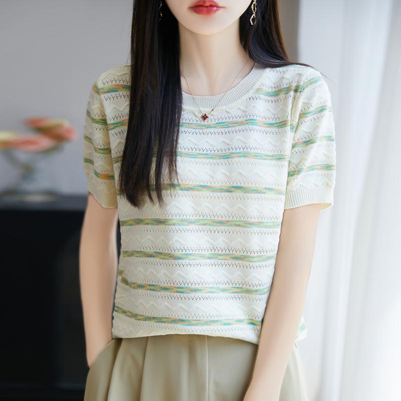 Women Knit T-shirt Summer Knitted Shirt Short Sleeve Tees O-neck Pullover Knit Tops Female