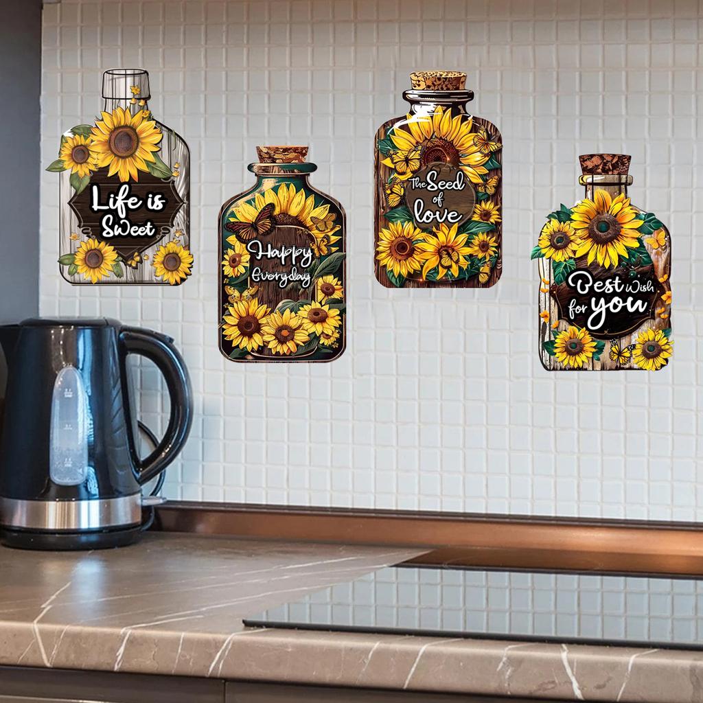 4 Pcs Sunflower Kitchen Wall Stickers, Suitable for Dining Room and Home Decoration, Inspirational English Phrases