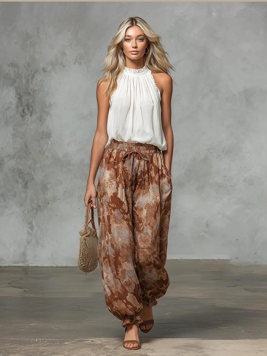 2026 Бохо Ретро Топ без рукавов и брюки с принтом Комплект: Европейско-американский повседневный стиль Small белый