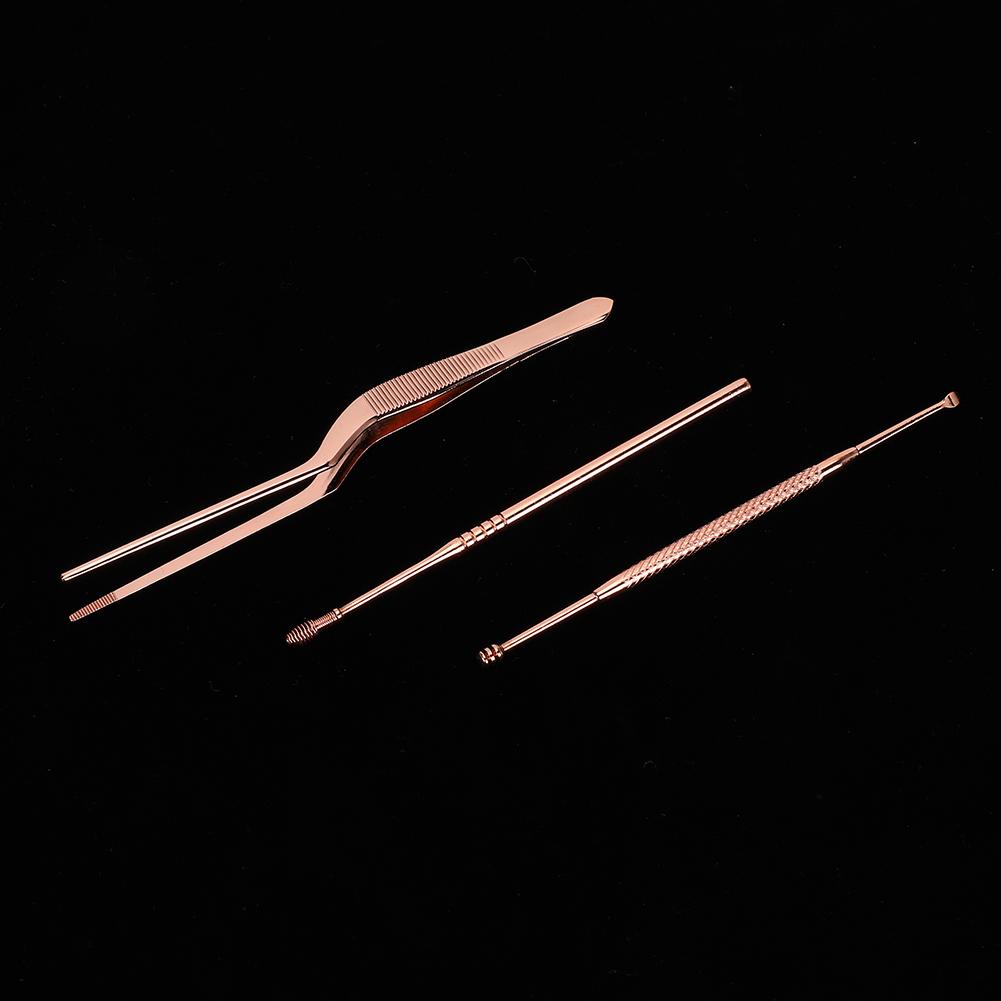 3pcs Stainless Steel Ear Pick Double Head Ear Wax Remover Curette Tweezers Set (Rose Gold)