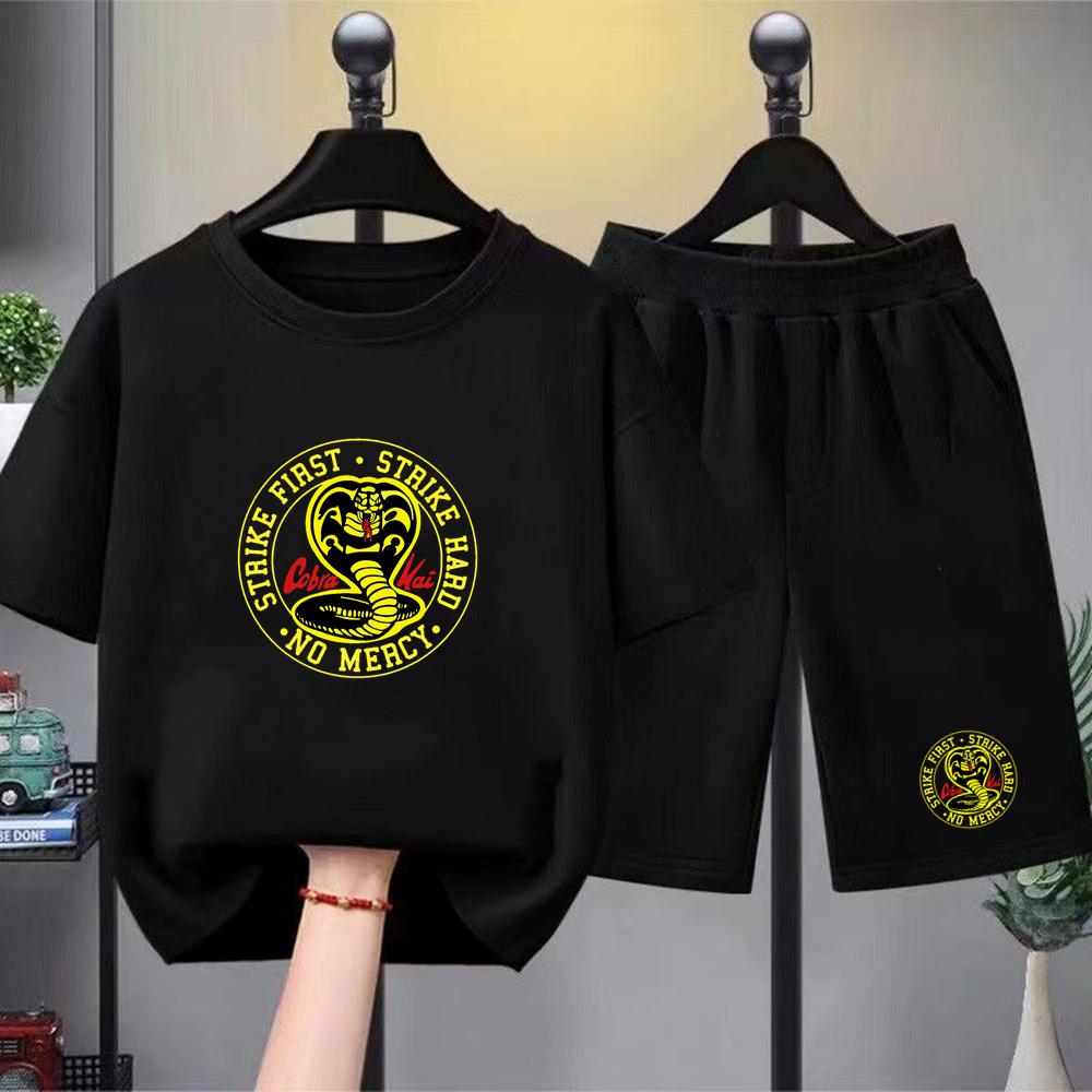 Summer T-shirt+shorts Anime snake Print Boy Black Girl Sets Tshirt kids Tops Casual Tees round Neck short-sleeved top