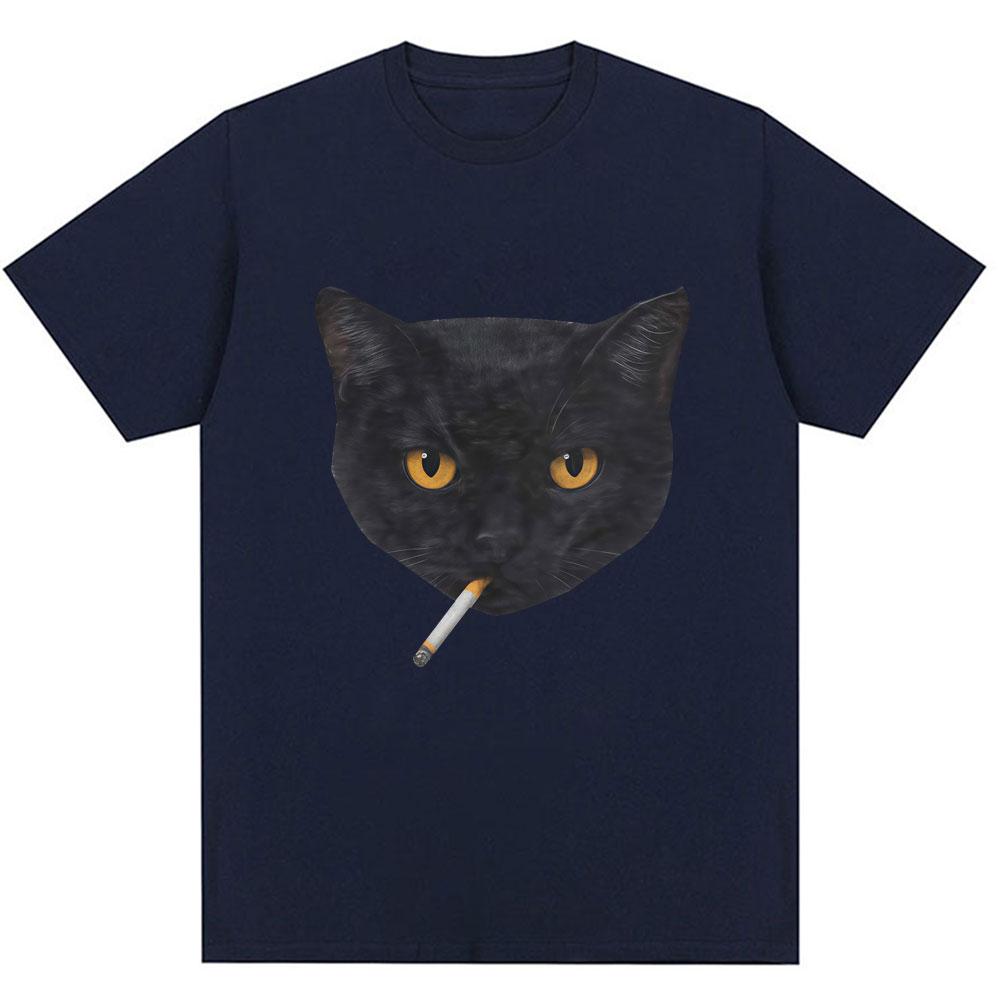 Funny Smoking Black Cat Meme Graphic T Shirt Unisex Women Fashion Vintage Short Sleeve Oversized Cotton Casual Tshirts Streetwear