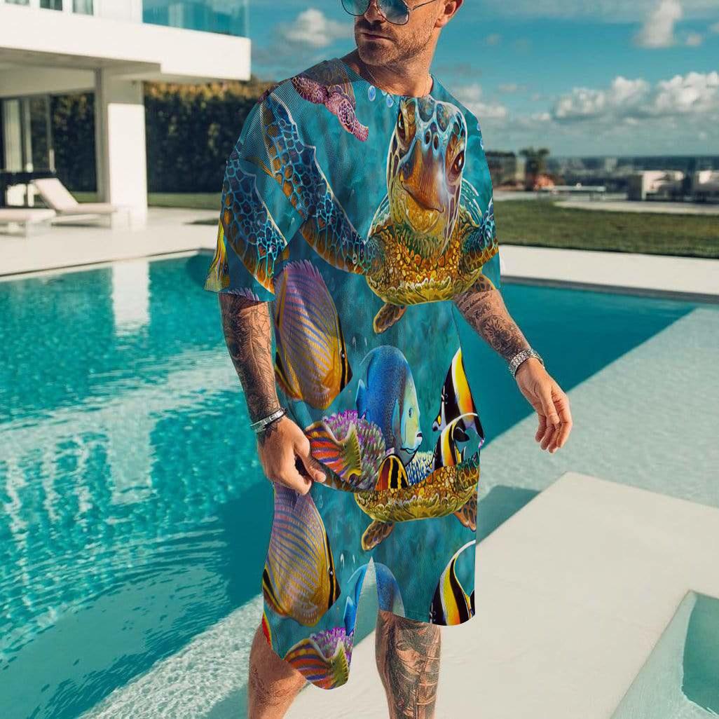 

Гавайский мужской комплект, повседневная футболка, пляжные брюки, костюм, повседневный стильный мужской топ с коротким рукавом, для отдыха на природе, мужские футболки, короткий комплект из двух предметов 6XL