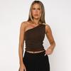 Fashion Summer One-Shoulder Sleeveless Women's Tank Tops 2026 Slim Fit Vest Brown Blouse Beaded Cropped Tanks Y2k Streetwear Top