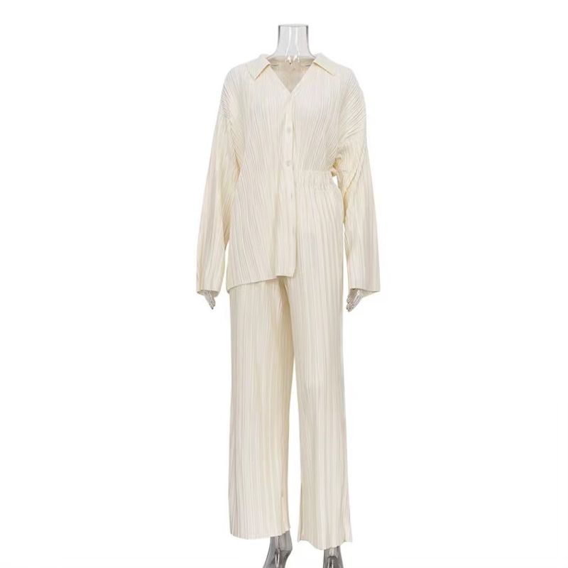 

Fashion Style Autumn New Arrival Casual Pleated Shirt Pants Suit Pleated Shirt Trousers Set Beige L