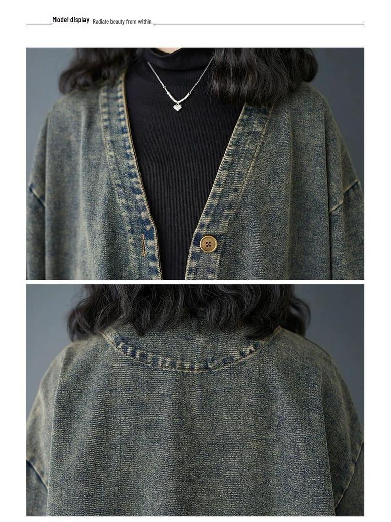 Plus Size V-neck Versatile Casual Long Sleeve Distressed Denim Jacket