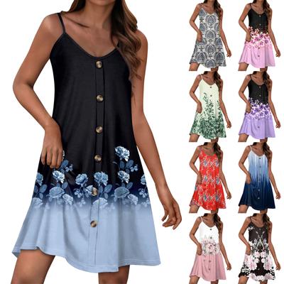 Women's Casual Sundress With Pockets Summer Boho Beach Dress T-Shirts Dress V Neck Buttons Loose Tank Dresses