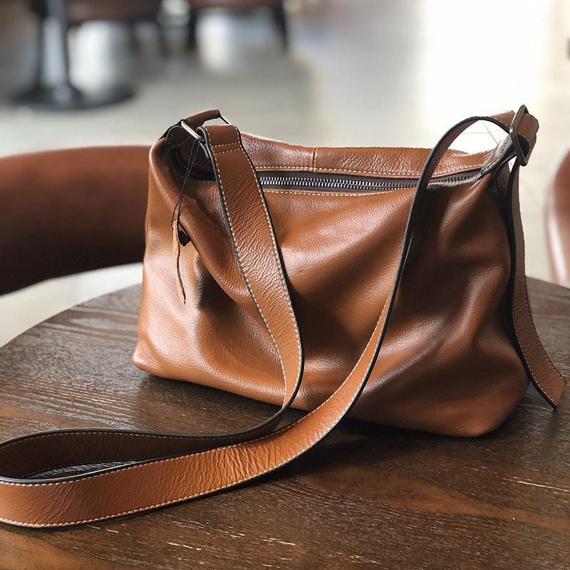 Johnature Jednoduché dámské kabelky přes rameno a crossbody z pravé kůže Univerzální přírodní pravá hovězí kůže Velkokapacitní taška Messenger