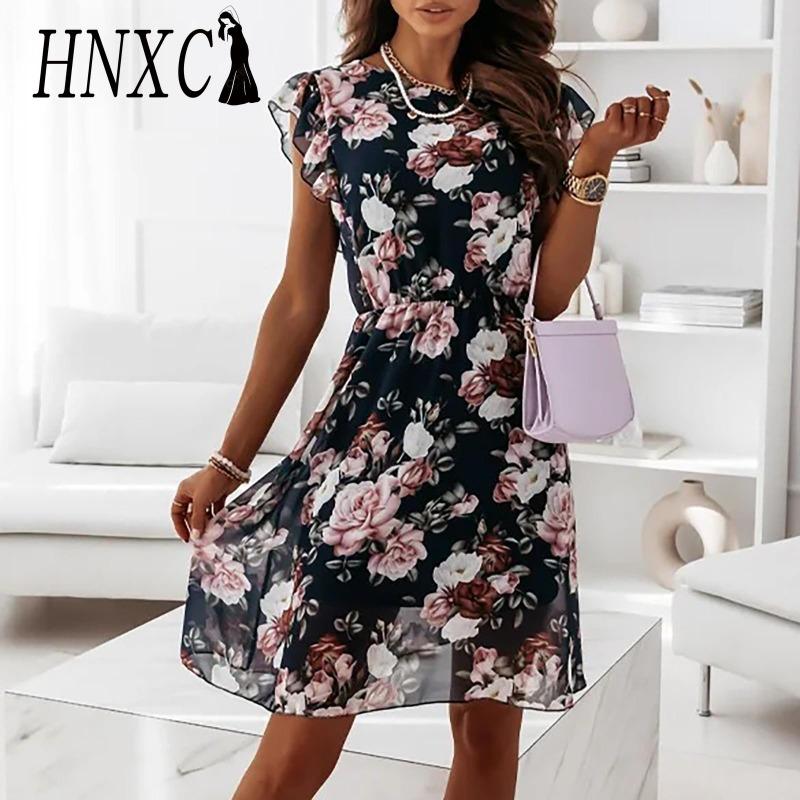 HNXC Rochie de damă la modă, casual, largă, cu gât rotund, mâneci fluture și imprimeu floral