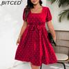 BITCED Plus Size Women's Elegant Vintage Polka Dot Waist-Tied Square Neckline Full-Skirt Dress
