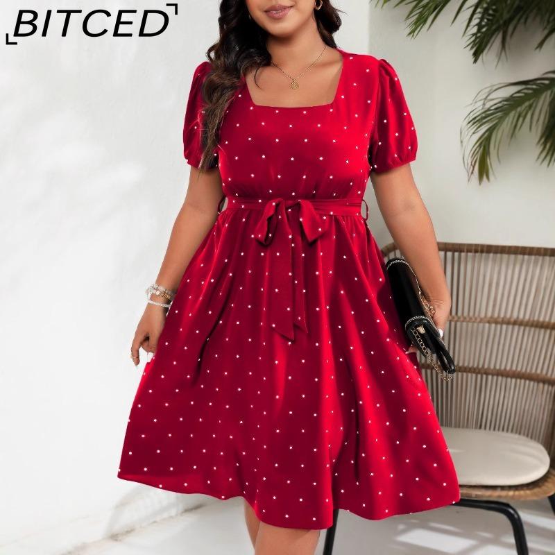BITCED Plus Size Women's Elegant Vintage Polka Dot Waist-Tied Square Neckline Full-Skirt Dress