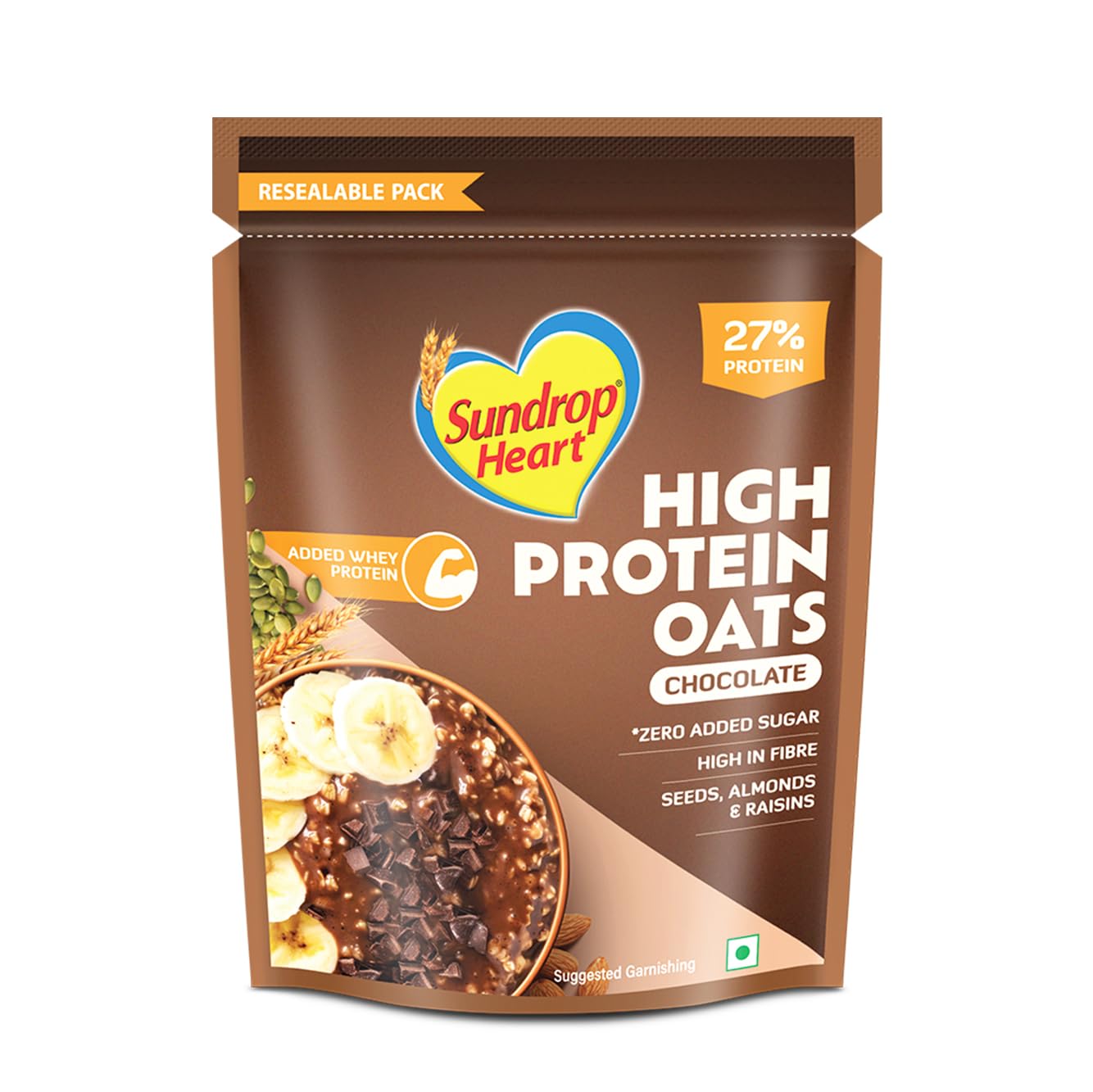 Sundrop Heart 27 gm High Protein Chocolate Oats | Zero Added Sugar | 12.6 gm Fibre | With added Whey Protein | 500 gm | High in Fibre |Added Seeds,