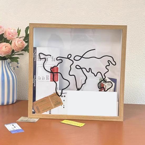 Travel Adventure Archive Shadow Box Square Ticket Stub Stamp Letter Photo Keepsake Storage Box with Slot Home Office Desktop Decoration
