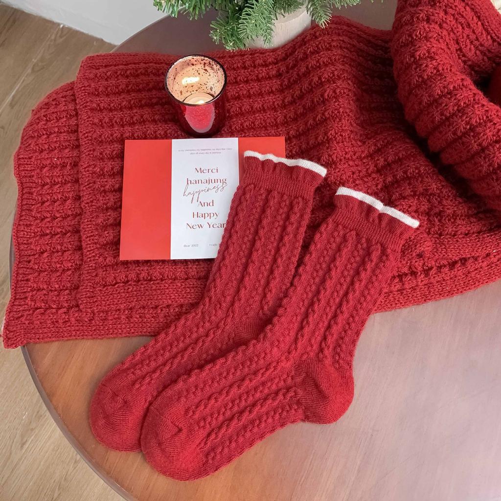Red Twist Wool Socks, Winter Red Socks, Thickened Warm Socks, New Year'S Red Socks For The Year Of The Horse