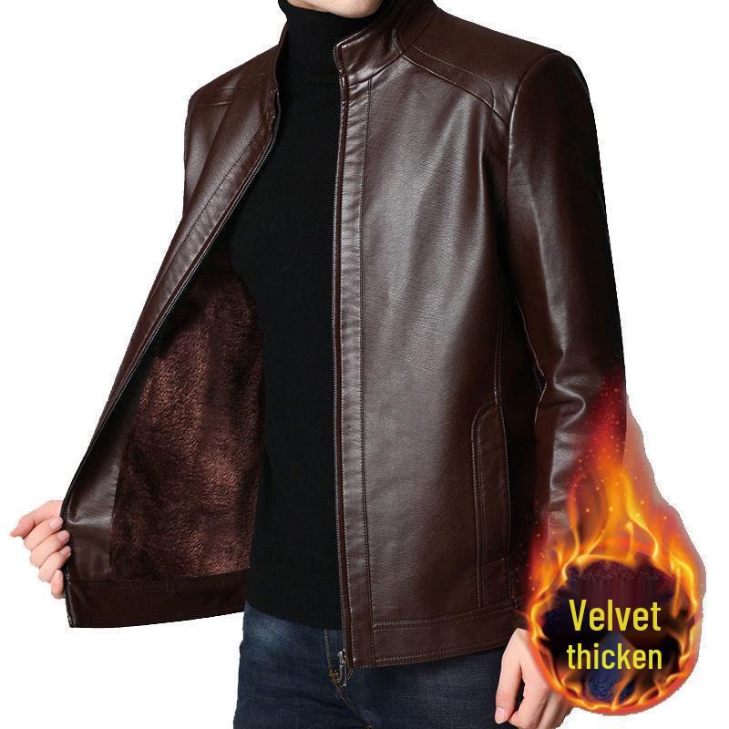 Men's Casual Autumn Leather Jacket - Middle-aged Plus Velvet Thick Style