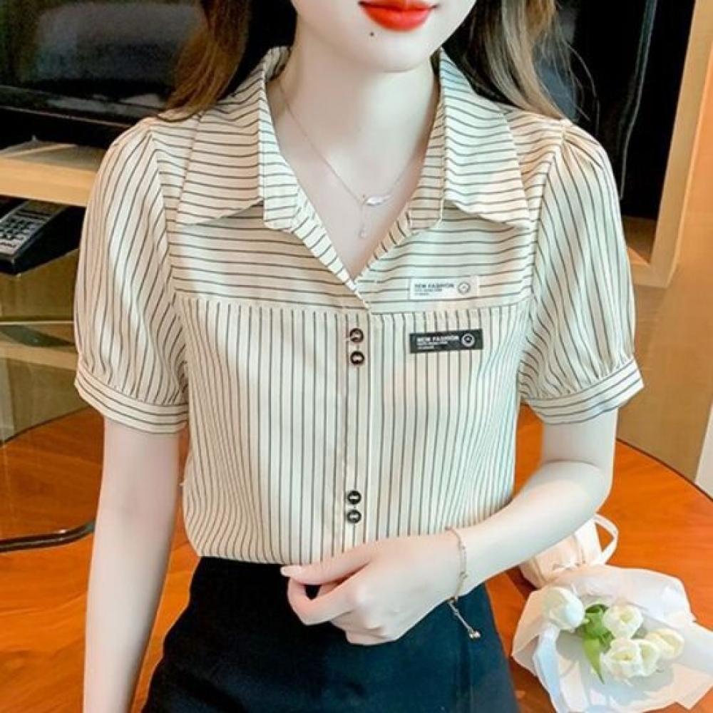 Navava Short Sleeve Shirt Retro Stripe Label Point Nb3104