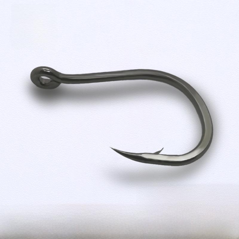 Ise-ni Hardened Tube-Shank Fish Hook, Black Nickel, Barbed, Offset, with Eyelet and Ring.
