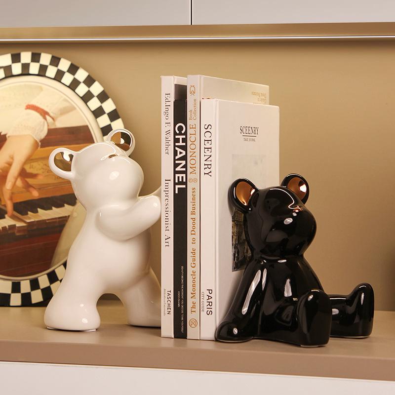 Creative Plating Bear Bookend Desktop Display Cartoon Animal Ceramic Bear Bookend Sculpture Crafts Entrance Ornaments Decoration