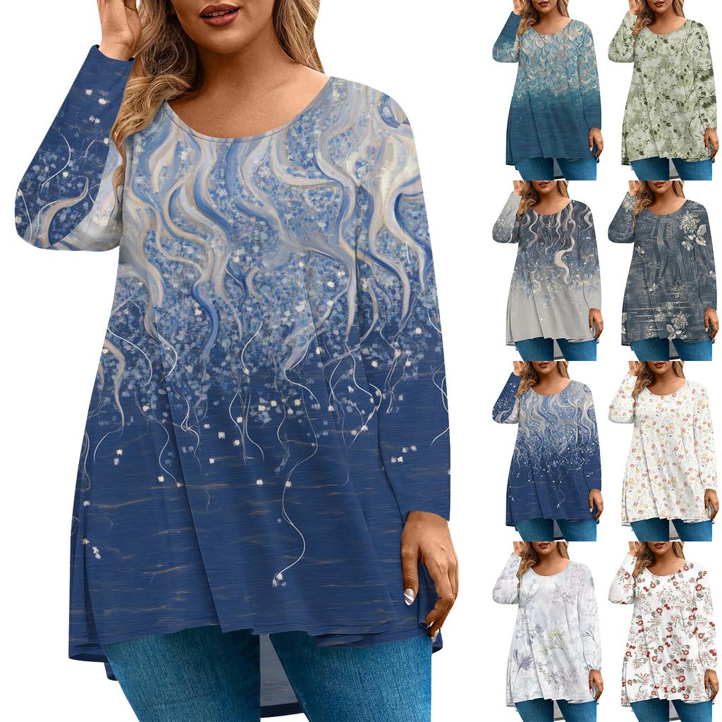 Women's Fashion Large Size Round Neck Long Sleeve Casual Print Loose Pullover Top