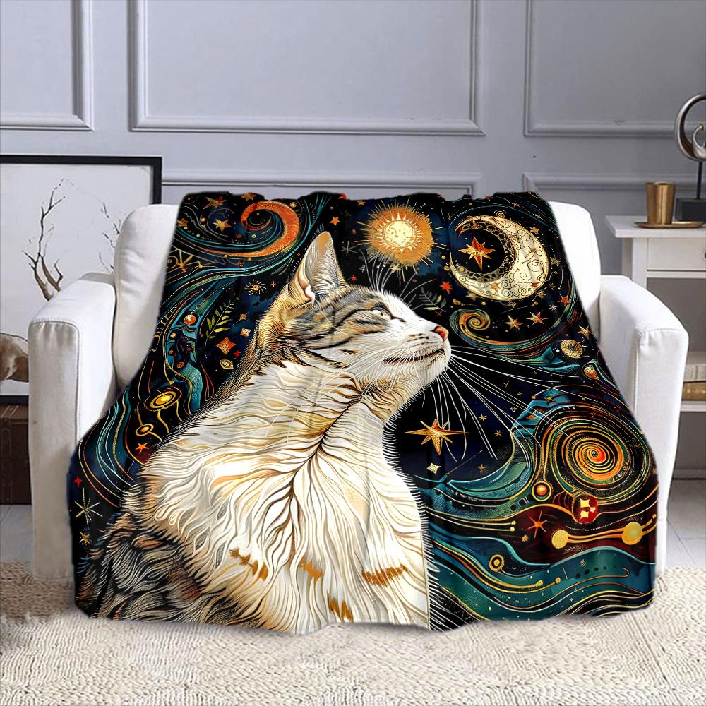 "Celestial Cat and Starry Sky Design" Patterned Flannel Blanket Perfect for the Bedroom Living Room, Sofa, or a Little Nap