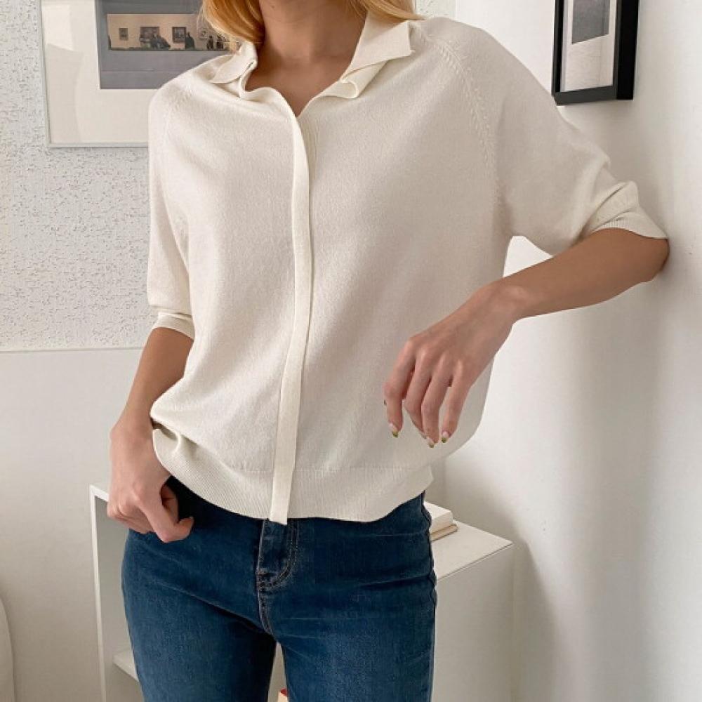 New Arrivals Open Run Short Sleeve Knit Raglan Collar Neck Hidden Placket Spring