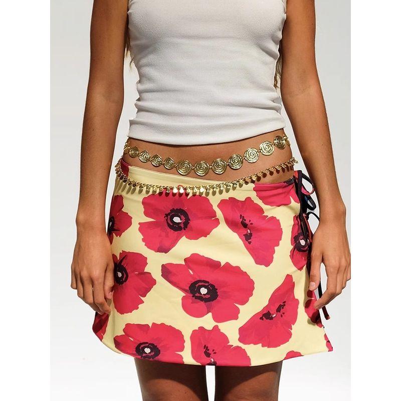 

Kkx Европейский и американский стиль гяру уличный стиль ретро нишевое платье мини полудлины с принтом нарисованных цветов и шнуровкой для женщин Pink S