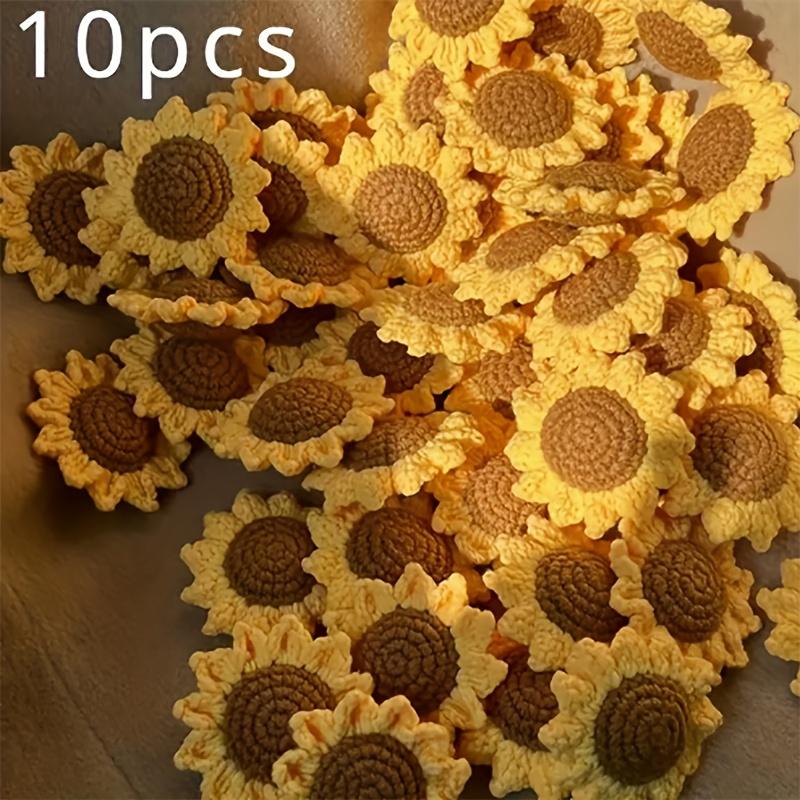 10pcs Handmade Crochet Sunflower Decorations,Yellow Floral Charm with Brown Center–Suitable for DIY Crafts,Keychains&Accessories