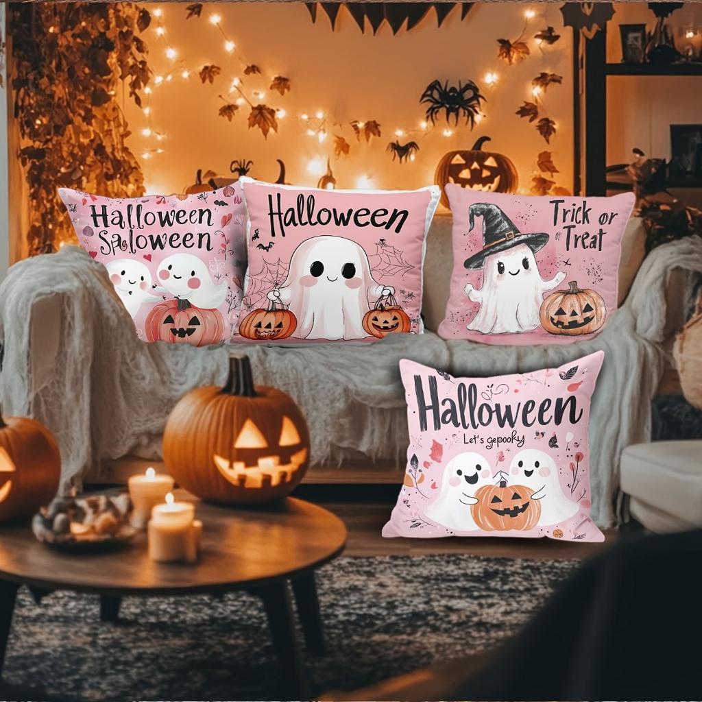1pc Pink Halloween Cushion Cover with Ghost Pumpkin Pattern Doft Washable Cover for Holloween Themed Party Sofa Chair Decoration