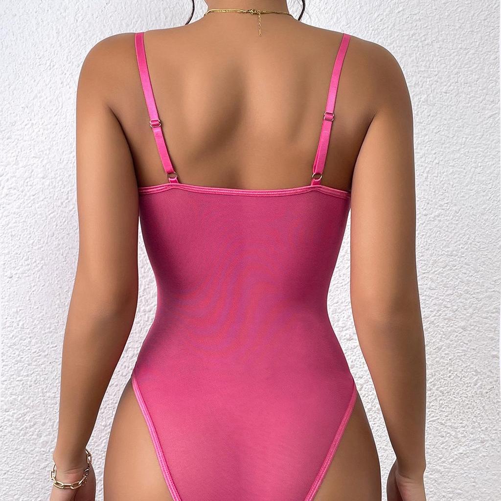 Autumn Lace Trim Deep V Backless Spaghetti Strap Bodysuit