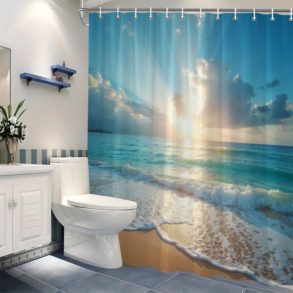 Serene Beach Sunrise Shower Curtain - Blue & White Gradient Sky, Ocean Waves,  Machine Washable, Coastal Bathroom Decor