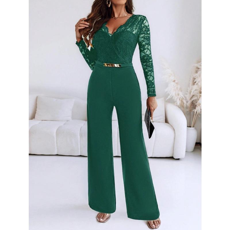 YYFS Damen Mode Lässig Frühling Herbst Einfarbige Druck Langarm V-Ausschnitt Hohe Taille Hosen Jumpsuits & Strampler