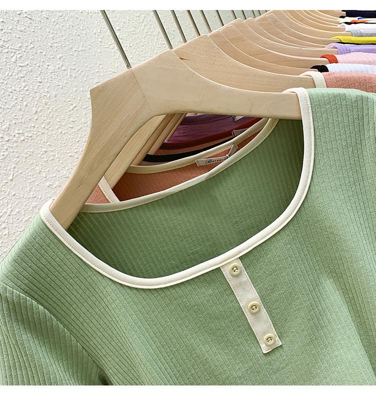 Women's Short-Sleeve Square Neck Spliced T-Shirt - Versatile Korean Style Summer Top