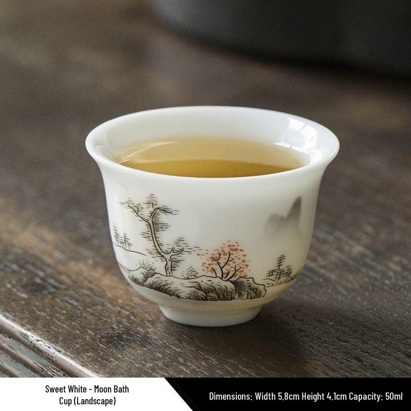 Белоснежный фарфоровый гайвань с пейзажем из Дэхуа - Премиальный набор для чайной церемонии Кунг-фу с чашей «Три таланта»