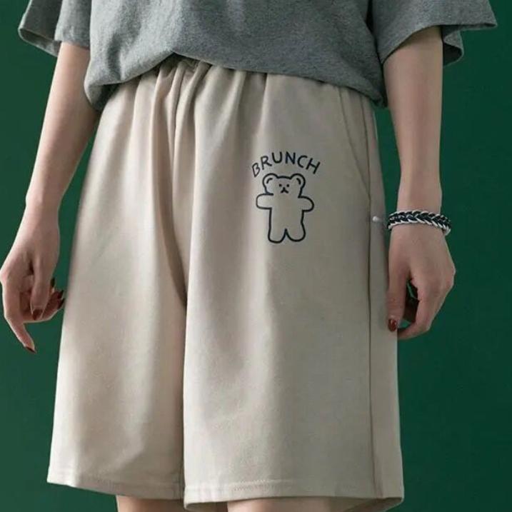 Women's Spring and Summer High Waist Capri Pants Bear Printed Elastic Wide Leg Casual Pants