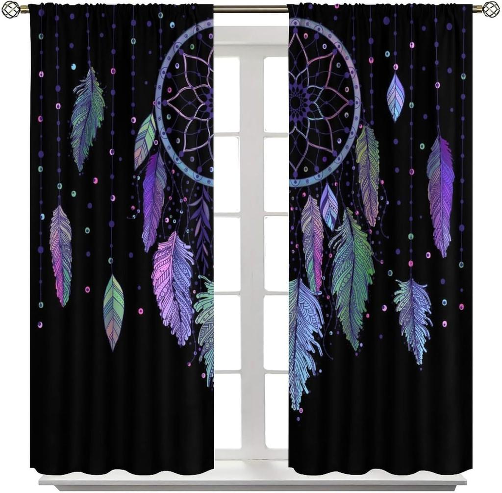 Colorful Dream Catcher Curtains Night Sky Stars Purple Feathers Curtain with Rod Pocket for Bedroom Living Room Decor Drapes