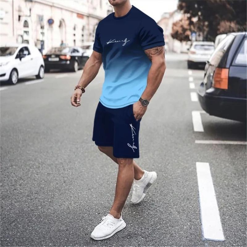 Men's 3D Printed Sports Two-Piece Set O-Neck T-Shirt Gradient Color Letter Print Casual Fitness Short Sleeve Tops Shorts