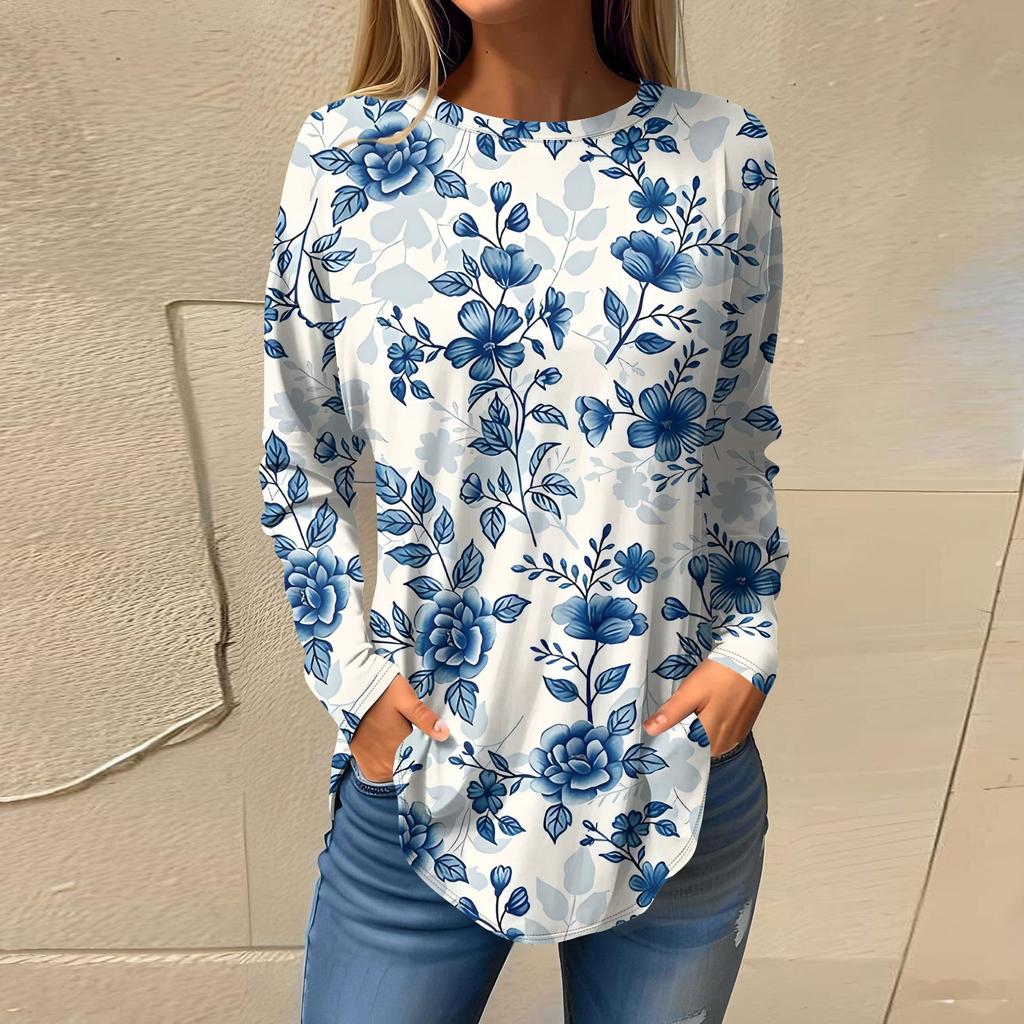 Women's Fashion Casual Round Neck Floral Long Sleeve T-shirt Pullover Long Sleeve Top